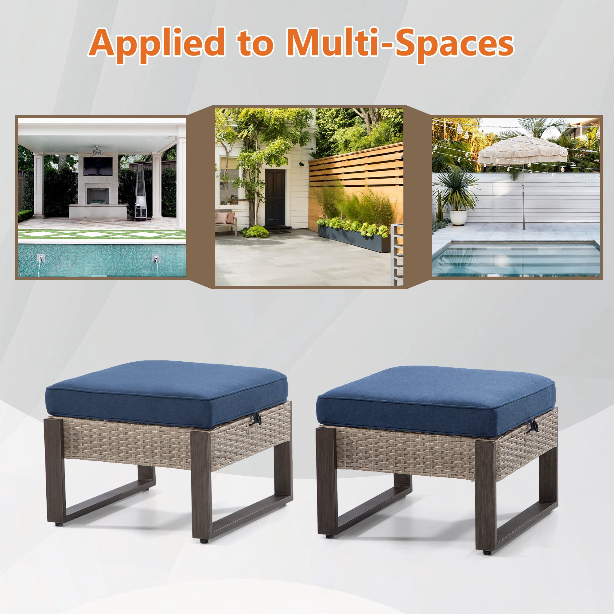 Meetleisure 2-Piece Outdoor PE Rattan Ottomans with Removable Cushions, Navy