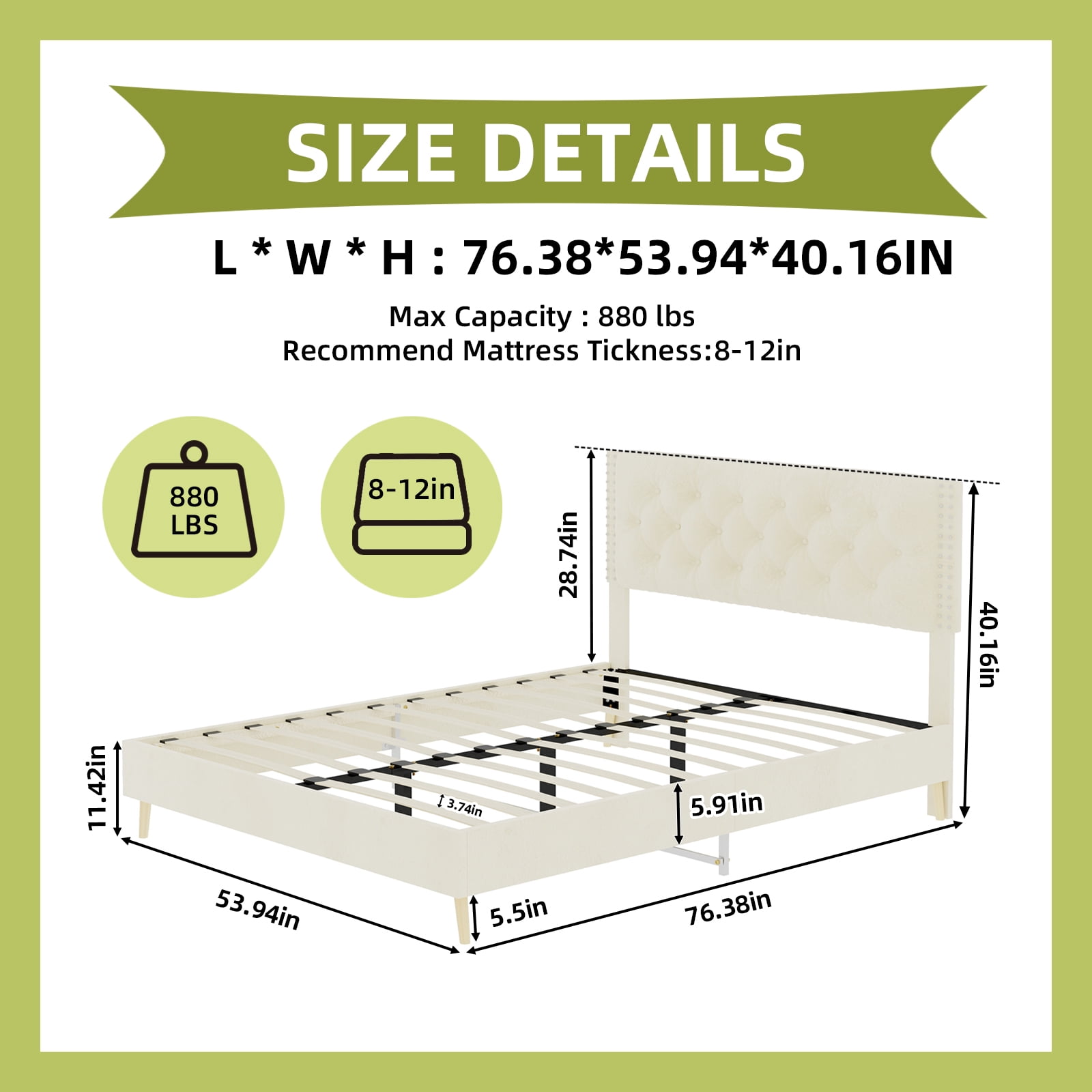 Alvantor Full Size Upholstered Bed Frame with Padded Headboard, Holland Velvet Tufted Beige