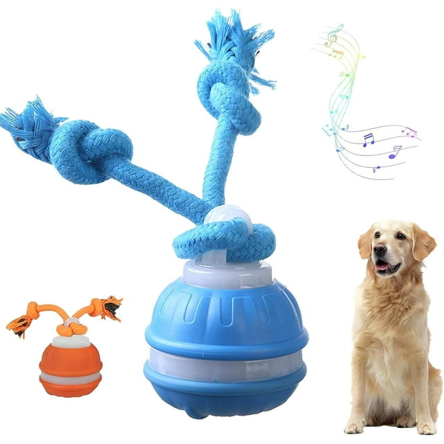 Yobensun Dog Toy-utomatic Dog Walker Interactive Waggle Ball Toy in blue, featuring a durable PC material ball with attached rope ends for tug-of-war or fetch. The toy includes bird sound stimulation to engage dogs and promote mental activity. Designed for small to medium-sized dogs, it offers three play modes: Normal, Active, and Interactive. The textured ball surface and rope attachments support dental health by cleaning teeth during play. USB rechargeable with Type-C charging port.
