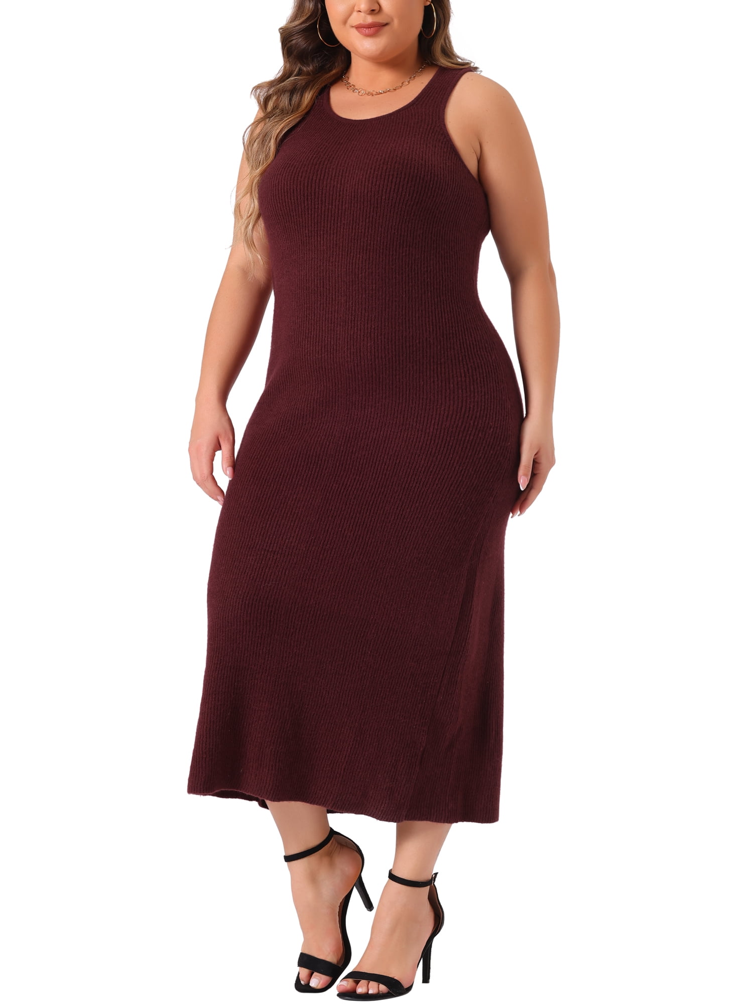DARING DIVA Plus Size Sweater Crew Neck Sleeveless Midi Tank Dress 2X Burgundy