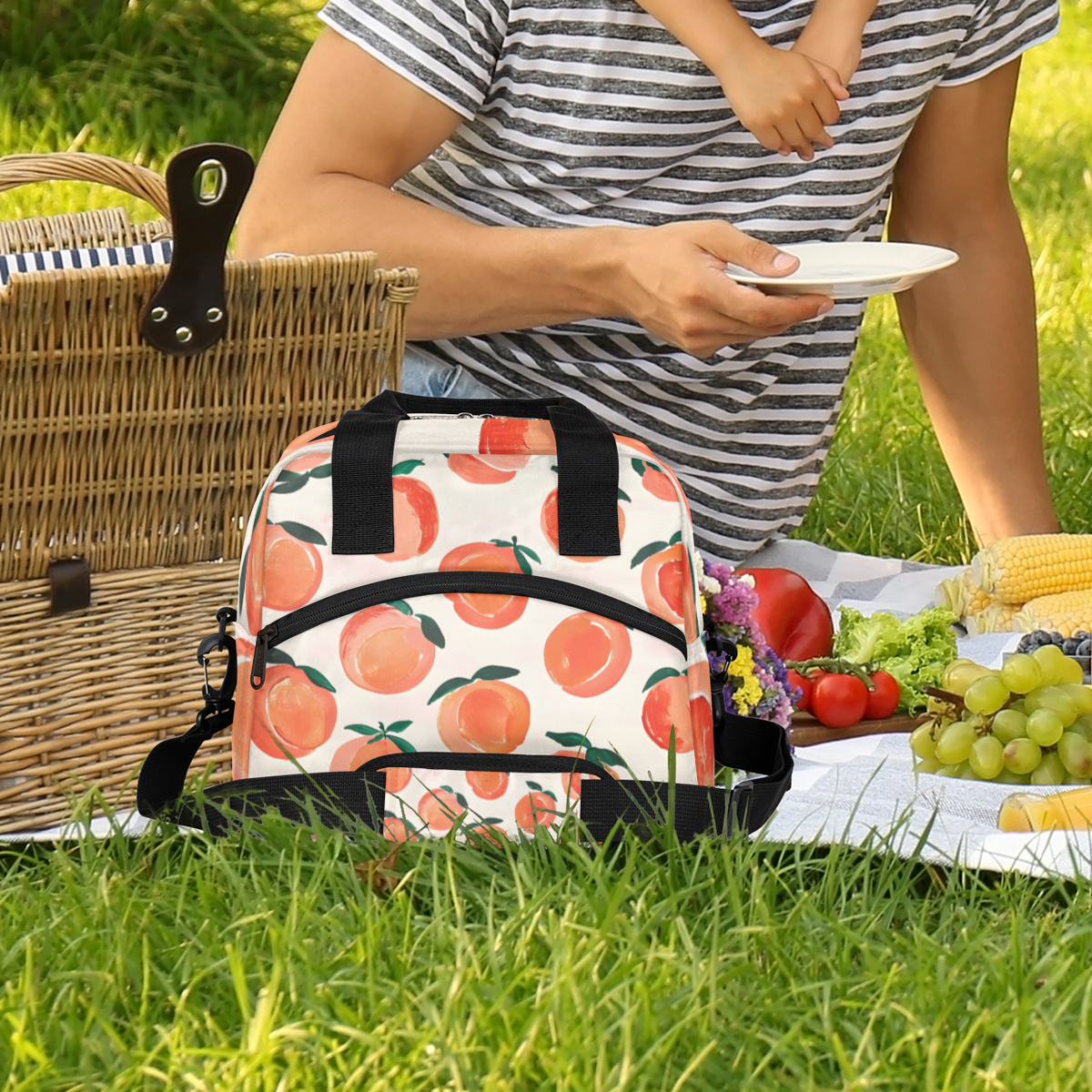 Herdesigns Peach Insulated Lunch Bag for Women Men Adults Large Reusable Lunch Box Cute Fruit Leakproof Cooler Tote Bags with Adjustable Shoulder Strap