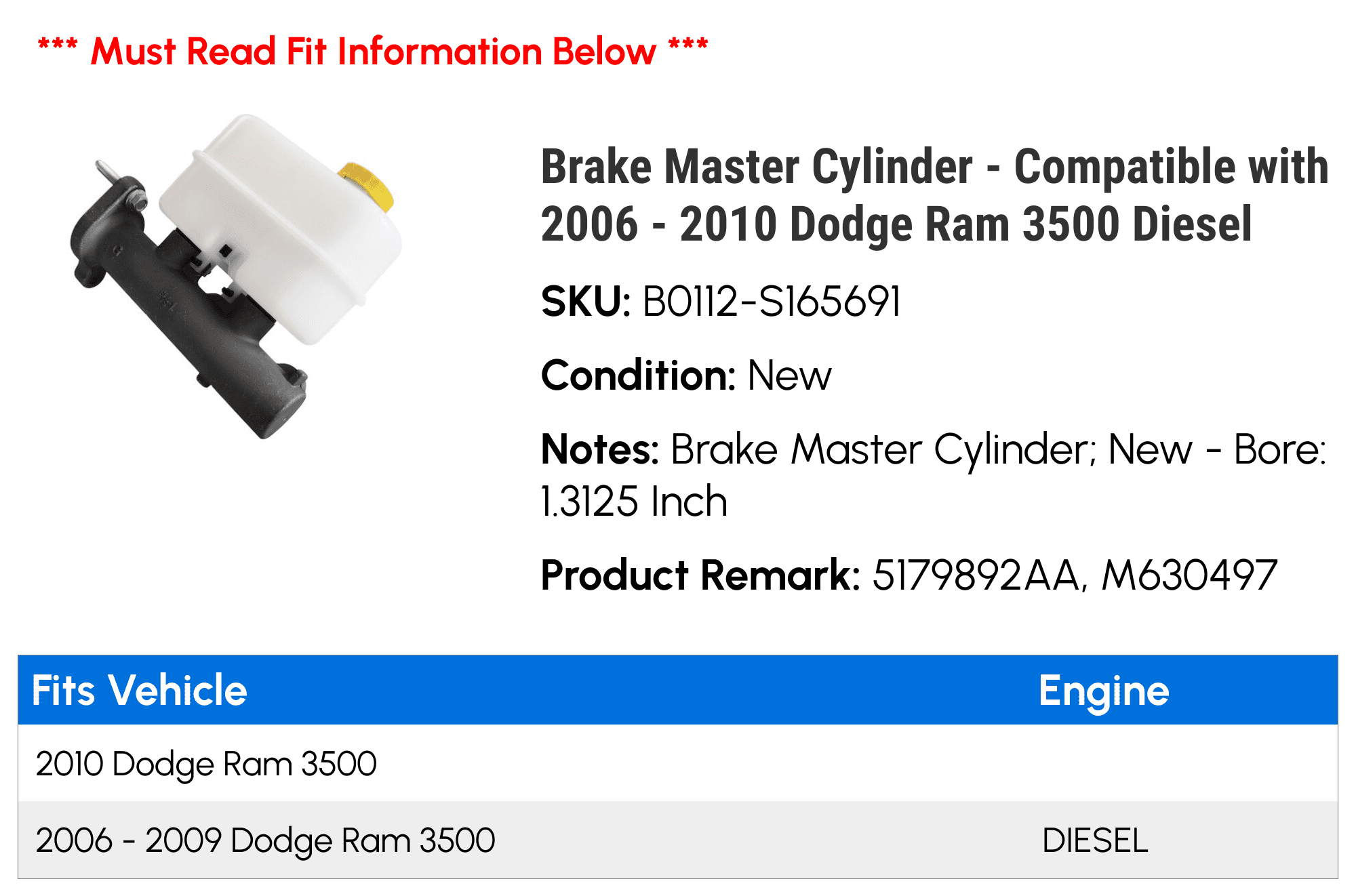 Brake Master Cylinder - Compatible with 2006 - 2010 Dodge Ram 3500 Diesel 2007 2008 2009