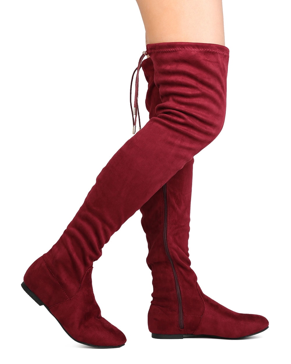 flat red thigh high boots