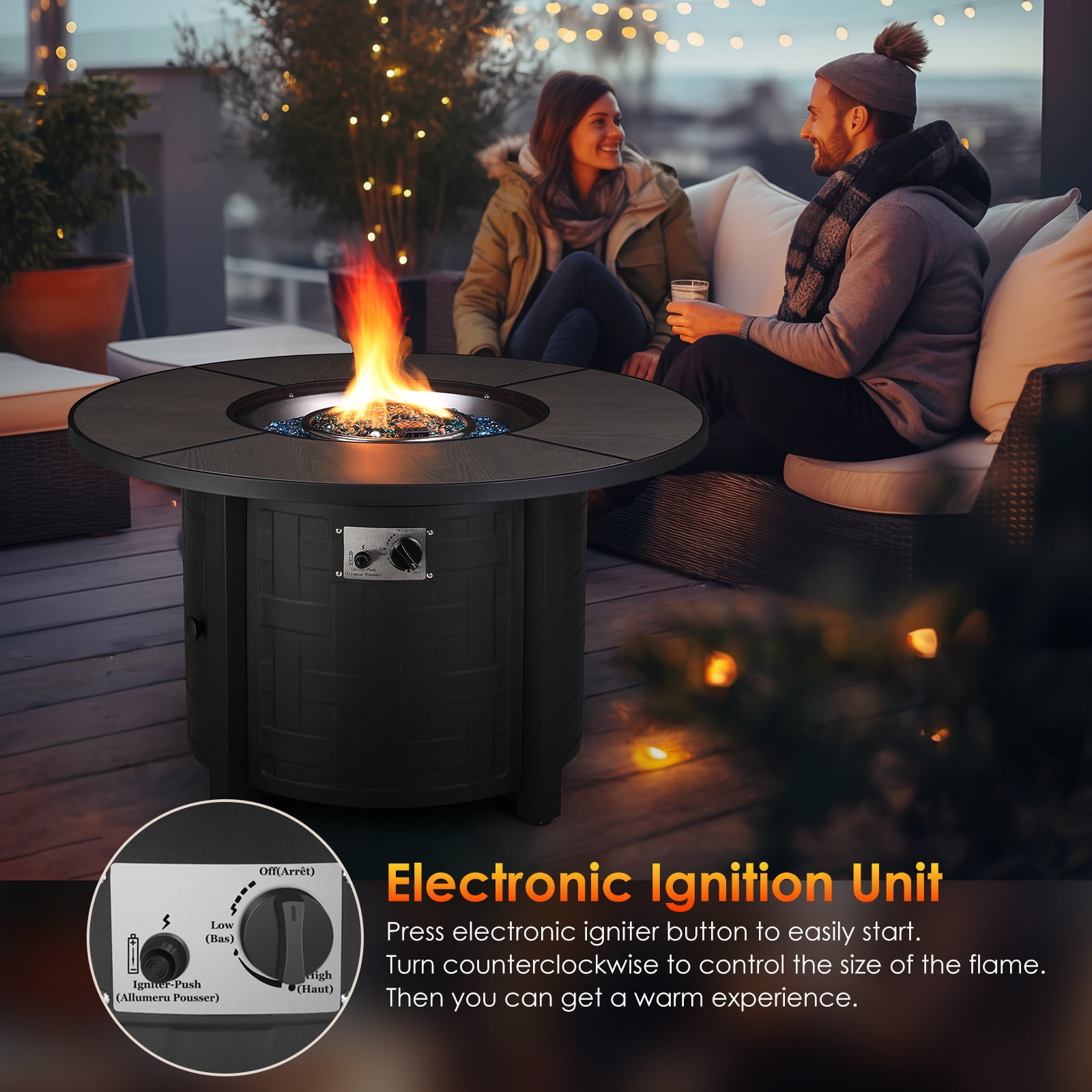 Arlopu 42in Round Propane Fire Pit Table, 50,000 BTU Outdoor Gas Firepit Table with Fire Glass, Metal Lid & Waterproof Cover