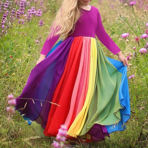 Toddler Baby Girls Long Sleeve Boho Rainbow Dancing Party Princess Dress, 1-6T