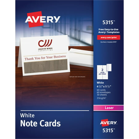 Avery Note Cards, Laser Printer, 4 1/4 x 5 1/2, Uncoated White, 60/Pack with