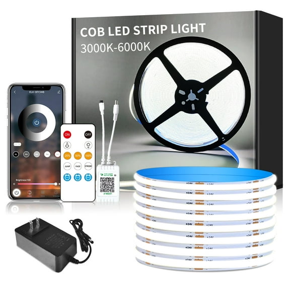 COB LED Strip Lights 16.4ft,6000K DC 24V Dimmable White Flexible LED Rope Lights for Bedroom,with Remote and app Control LED Lights Strip for Living Room, Shelf, Cabinet