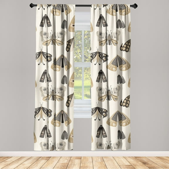 American Traditional Window Curtains, Oldschool Inspired Moth Illustration With Floral Wings, Lightweight Decor 2-Panel Set with Rod Pocket, Pair of - 28"x95", Camel Cream Charcoal Grey, by Ambesonne