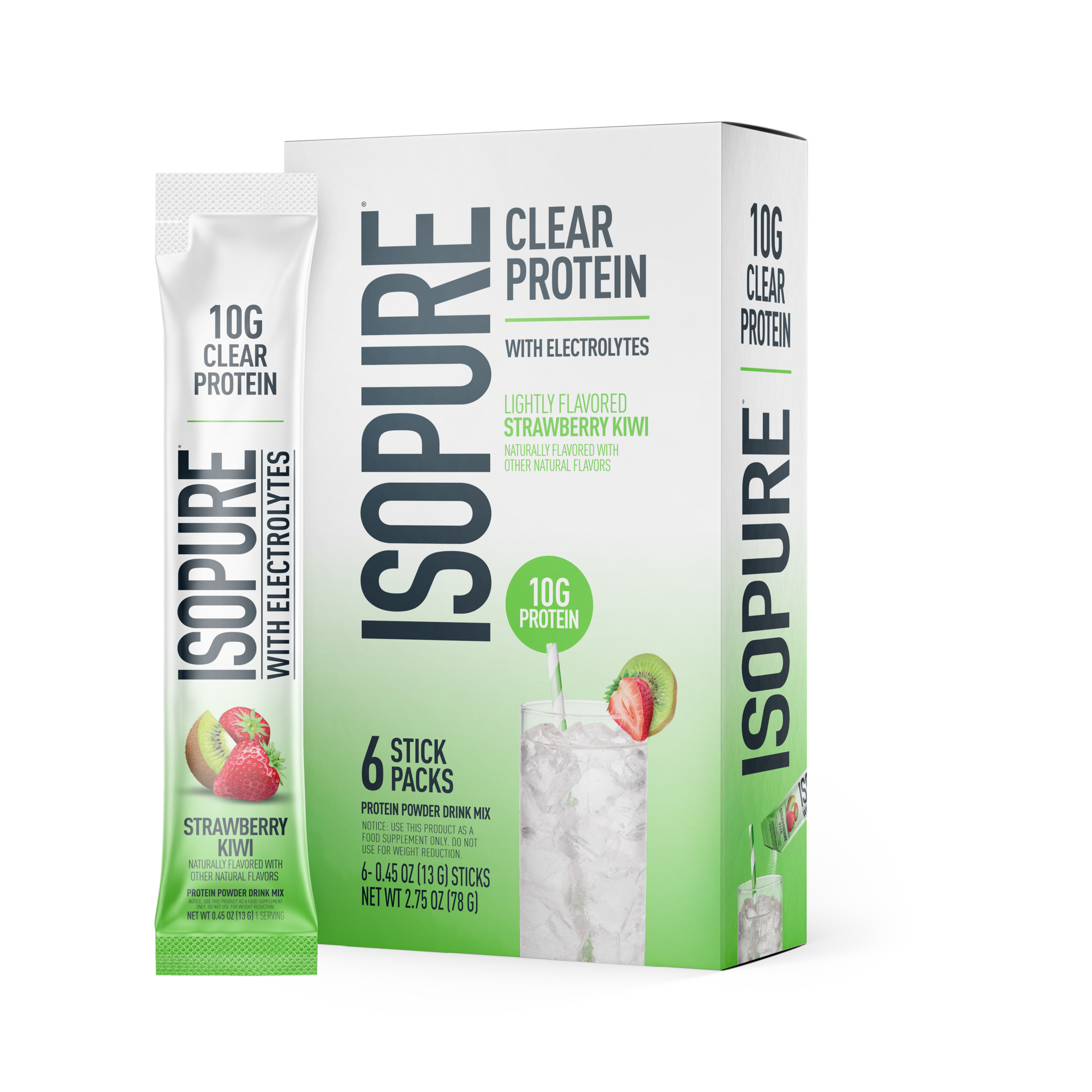 Isopure Clear Protein Powder with Electrolytes, Strawberry Kiwi Stick Pack, 6 Count