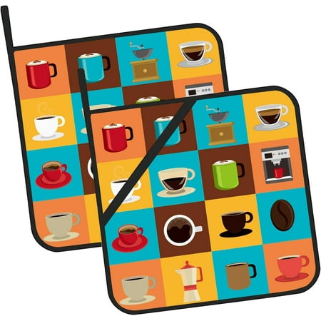 

HPINK-T Coloful Coffee Symbol Pot Holders Set of 2 Oven Hot Pads for Kitchen Heat Resistant Washable Potholder for Kitchen Baking