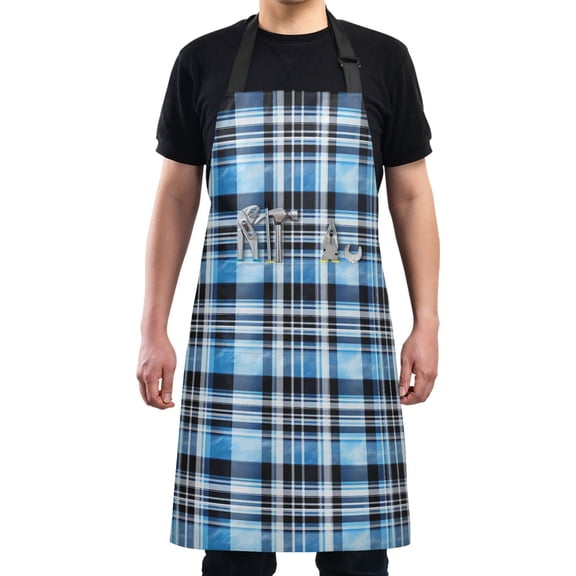 Blue and Black Plaid Kitchen Apron with 2 Pockets Adjustable waterproof Cooking Aprons for Women Men Chef