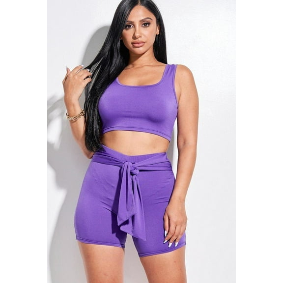 Solid Double Layered Tank Top And Tie Front Shorts 2 Piece Set