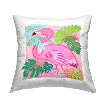 Stupell Industries Pink Tropical Flamingo Leaves Square Decorative Printed Throw Pillow, 18 x 18