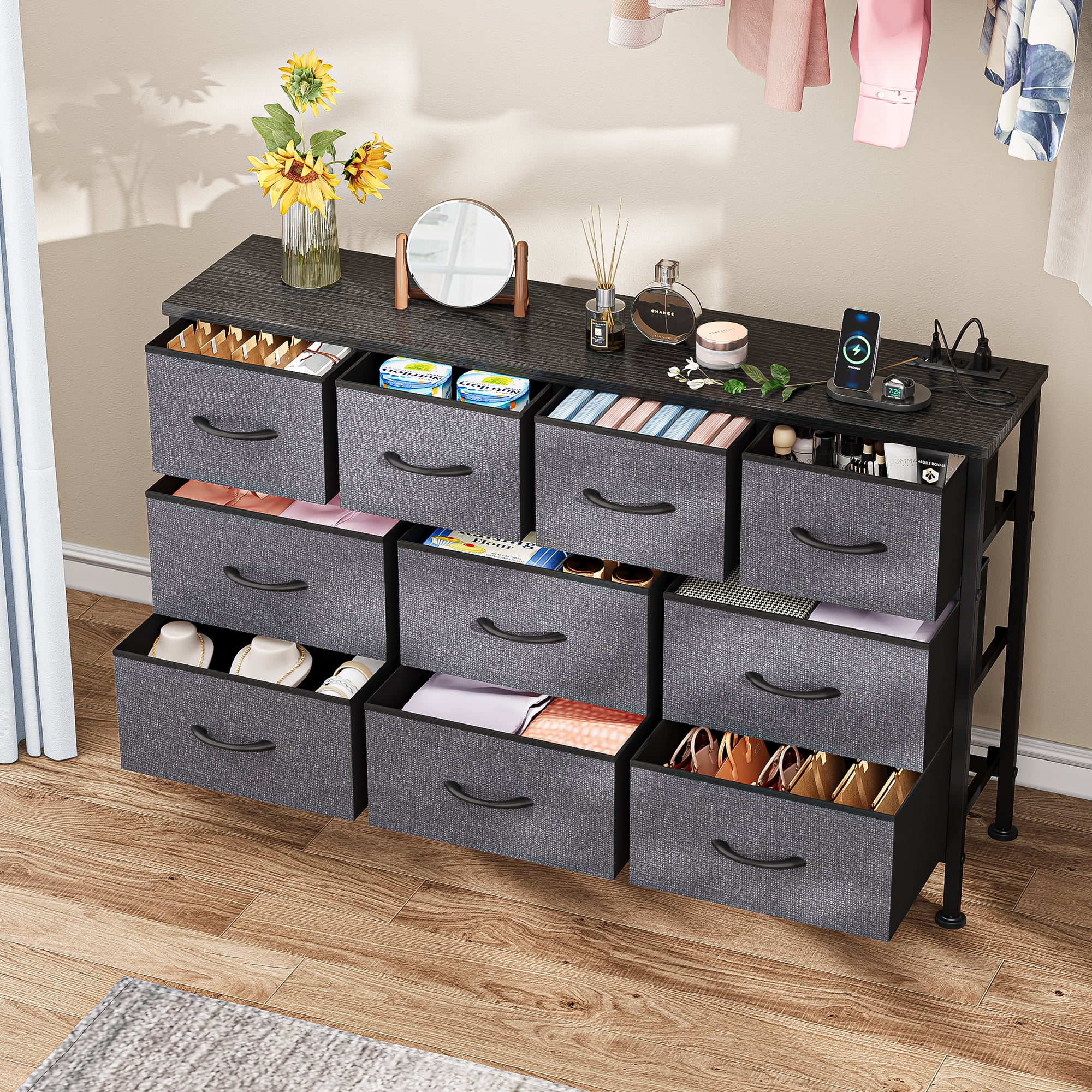 GIKPAL Dresser TV Stand, 10 Drawer Dresser for Bedroom with Power Outlet, Chest of Drawers for 55" Long TV, PU Dresser for Storage and Organization, Gray