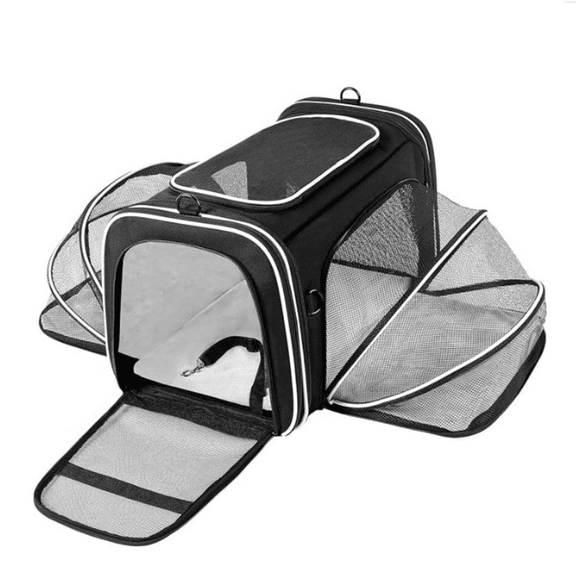 TSA Airline Approved Large Pet Travel Carrier4 Sides Expandable With 2 Mesh Pockets 3 Entry Soft Sided Collapsible Dog Carrier For 2 Cats Kittens Puppies Dog  Black White