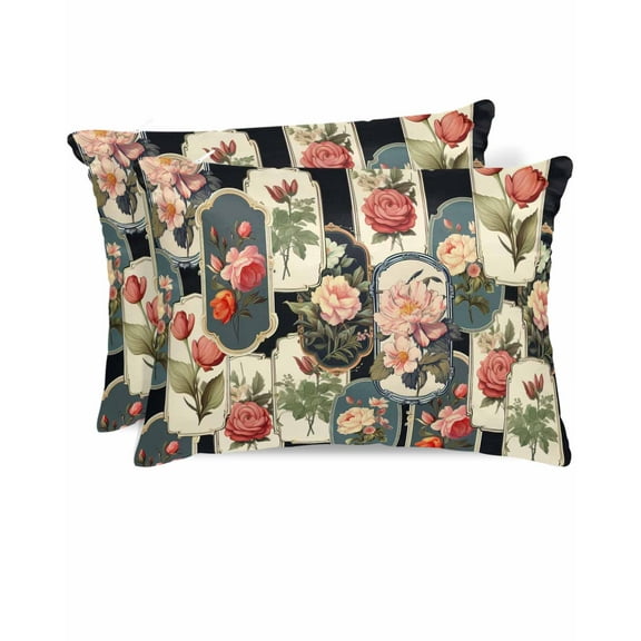 Hokiten Pillow Cases Queen Size Set of 2, Couch Pillow Covers, Vintage Floral Satin Pillowcases with Zipper for Hair/Skin, Pillow Protector Cover, Abstract Art Garden Flowers 20x30 Inches