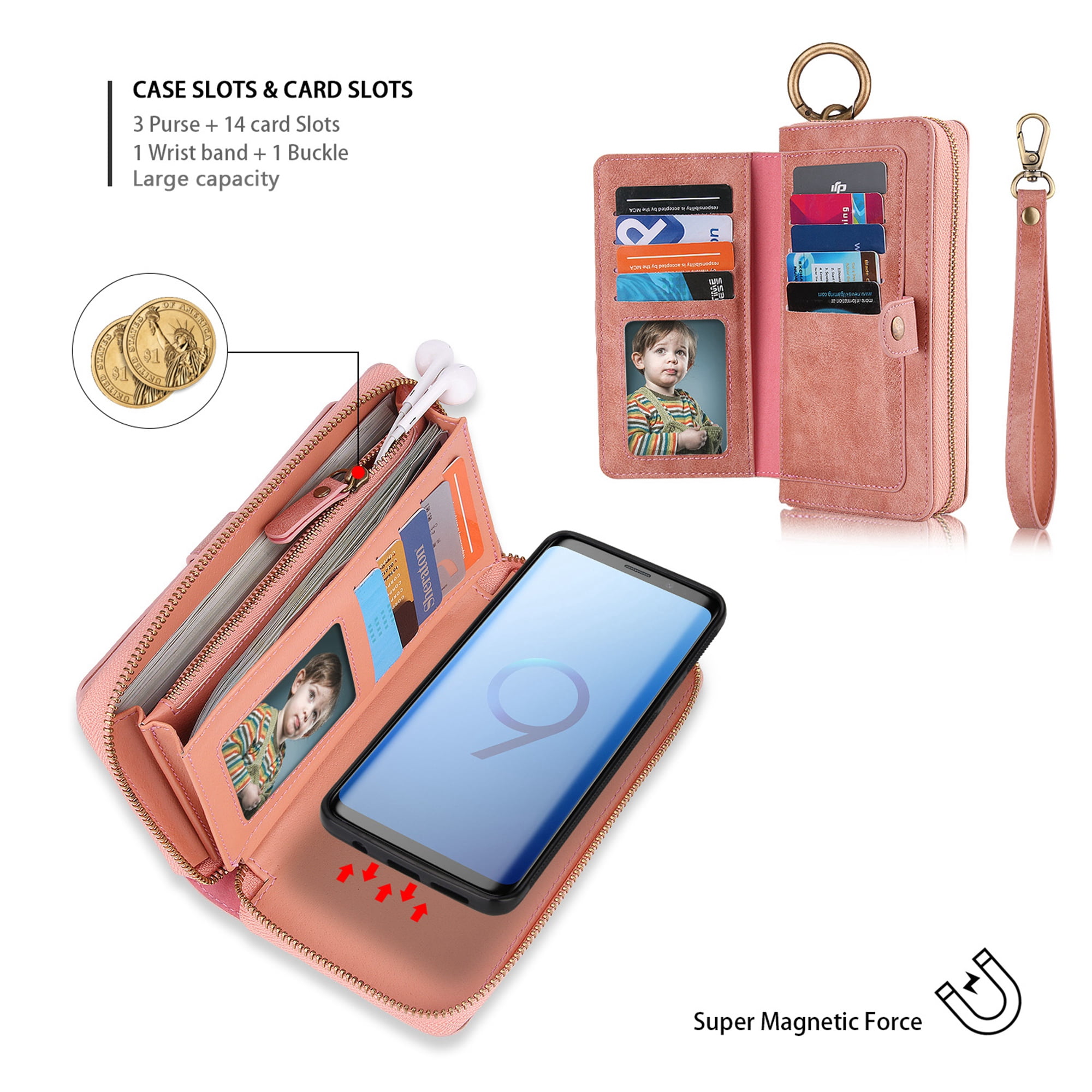 Galaxy S9 Wallet Detachable Case, Dteck [wrist band][14 Card Slots] Zipper Purse Phone Case Multi-functional Folio Flip PU Leather Removable Magnetic Back Cover For Samsung Galaxy S9,Pink