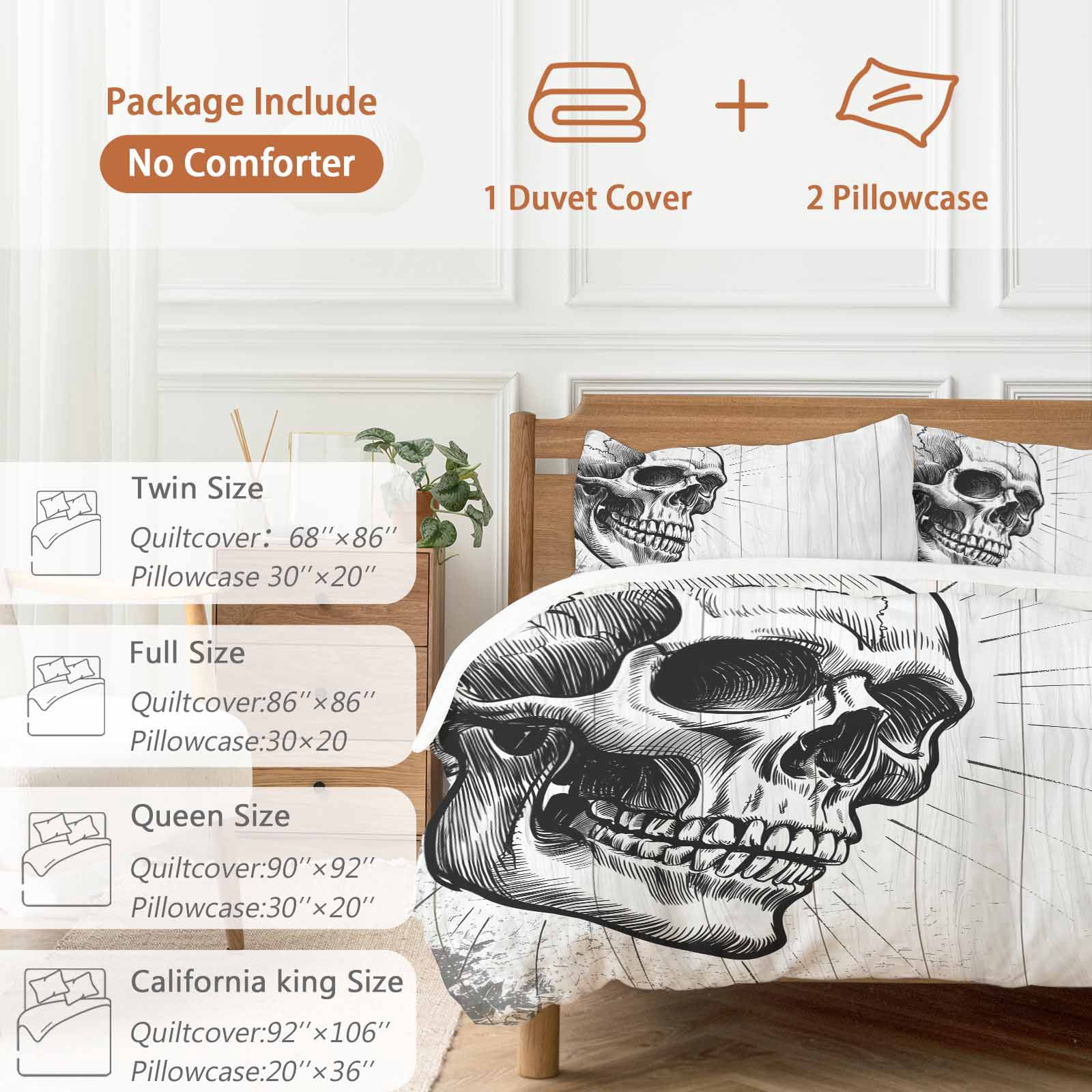Horror Skull Bedding 3 Piece Duvet Cover Set California King, Black Skeleton Spooky Halloween Soft Microfiber Comforter Cover with Zipper Closure & Pillowcases, Wrinkle & FadeResistant Quilt Cover