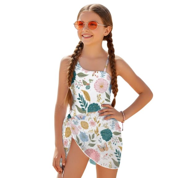 SEANATIVE Girls One Piece Swimsuits with Mesh Coverups Kid Teen Bathing Suit 2 PCS Swimwear Back Cutout Beachwear for Travel Beach Swimming Pools, Size 7-8, Pink Flower White