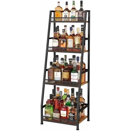 4-Tier Trapezoid Liquor Stand for Home Bar, Stepped Wine Rack Freestanding Floor for Liquor Whiskey Wine, Versatile Corner Wine Bottle Display Stand with Fences, Vintage Brown（Patent Pending）$$