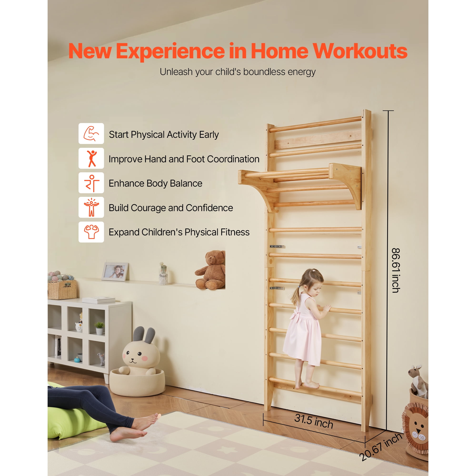 KFFKFF Swedish Ladder Wall Gym Gymnastic Stall Bars with Pull‑Up Bar for Ages Kids 3+ and Adults 1 x Swedish Ladder Wall Gym, 1 x User Manual