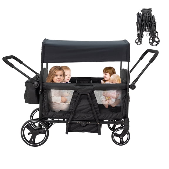 Wagon Stroller for 4 Kids-4 Seater Baby FoldableTandem Stroller for Toddlers&Newborns with Mom's Bag,5-Point Harness,Adjustable Handle&Canopy,Kids Tray,Cup Holder,Storage,Lightweight&Travel-Friendly