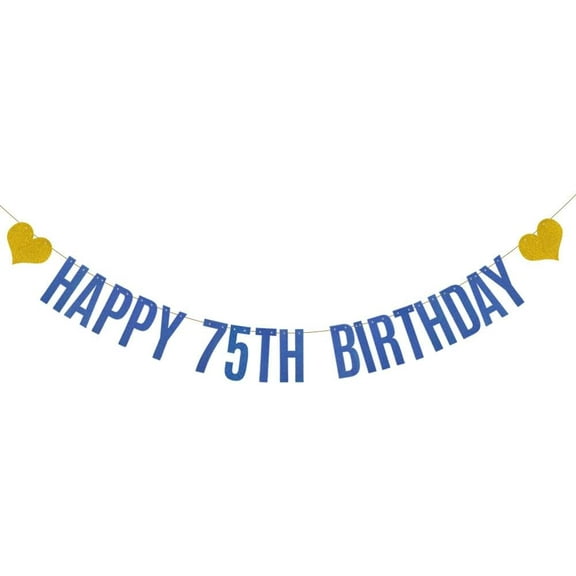 Happy 75th Birthday Banner, ,Blue Glitter Paper Garlands Banner for 75th Birthday Party Decorations Supplies, Letters Blue