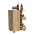 thumbnail image 5 of 32" H light oak bar-coffee cart, cabinet storage, with 4 wheels, 1 divided storage with 1 shelf, 1 folding door, a central vertical division for 6 bottles and 2 side shelves with aluminum front, 5 of 5