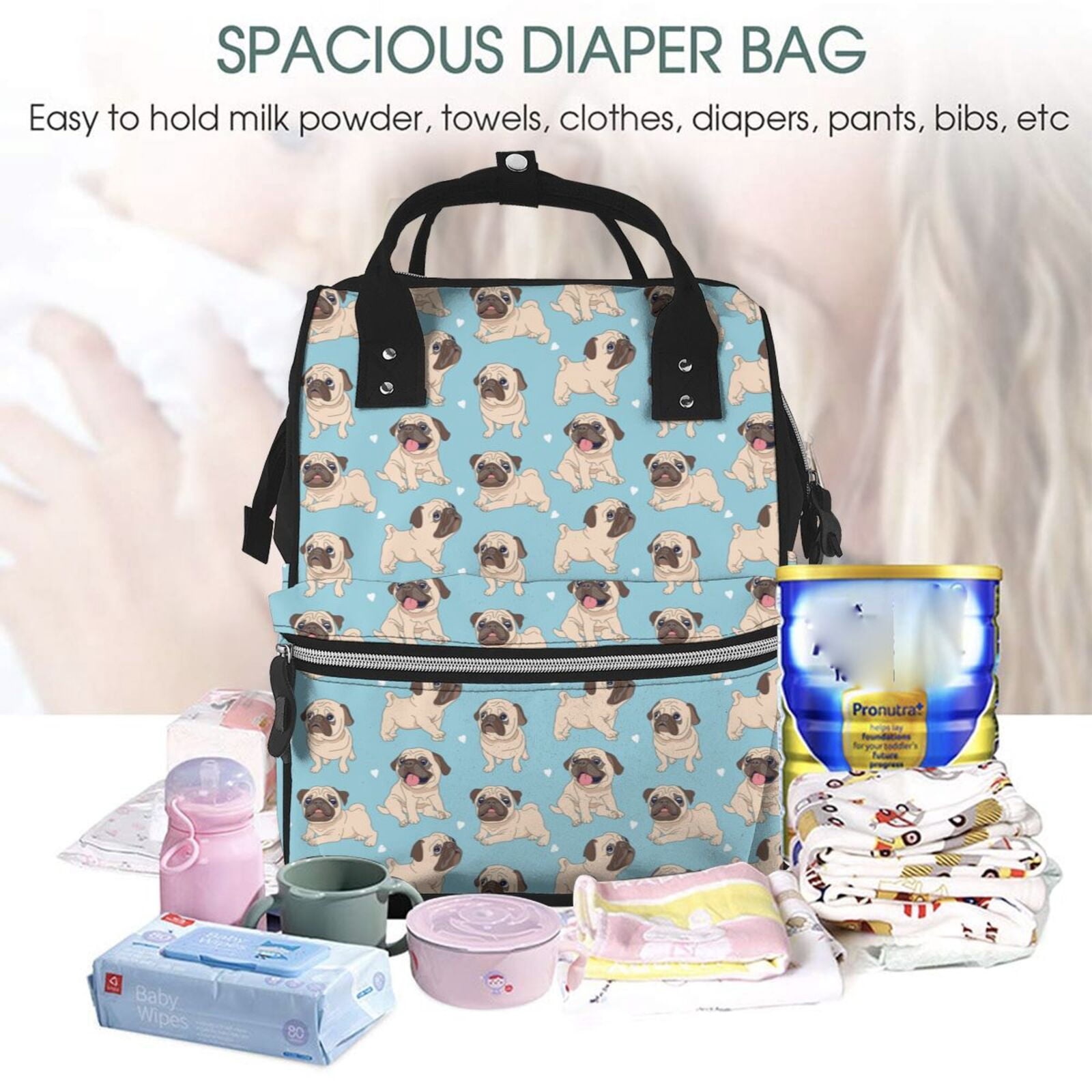 Ratiio Funny Cartoon Pugs Mummy Backpack - Waterproof Twill Canvas, Large Capacity Diaper Bag with Multiple Pockets and Adjustable Straps