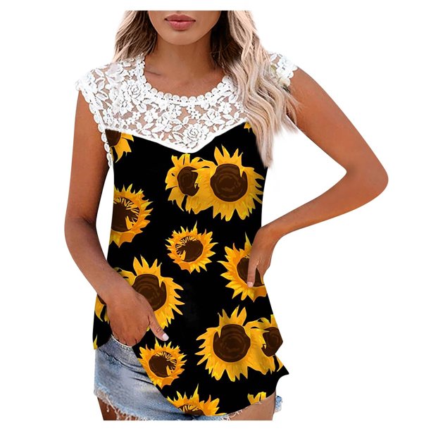 Camiseta sin mangas de encaje con estampado de mujer Camiseta sin mangas de empalme de cuello redondo Camiseta ligera y cómoda delgada OAVQHLG3B Store lin121212