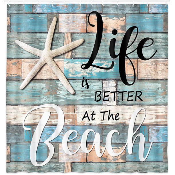 Beach Shower Curtain, Rustic Vintage Wood Ocean Quote Words Fabric