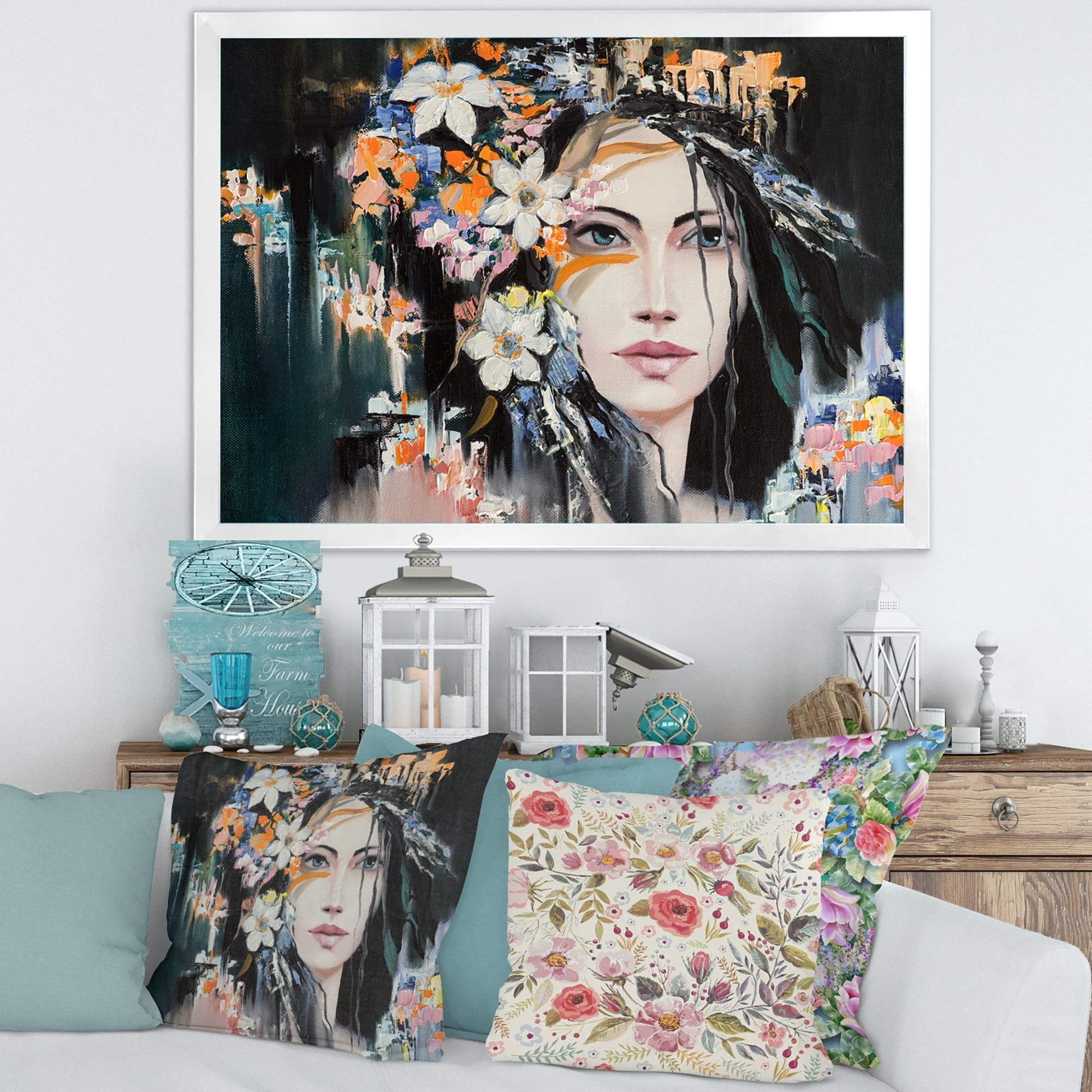 Designart 'Portrait Of A Young Woman With Flowers I' Modern Framed Art Print