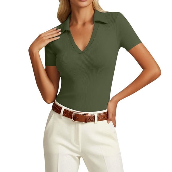 Daznico Women's Collared V Neck Ribbed Knit Polo Shirt Short Sleeve Casual Fitted Solid Tops,M