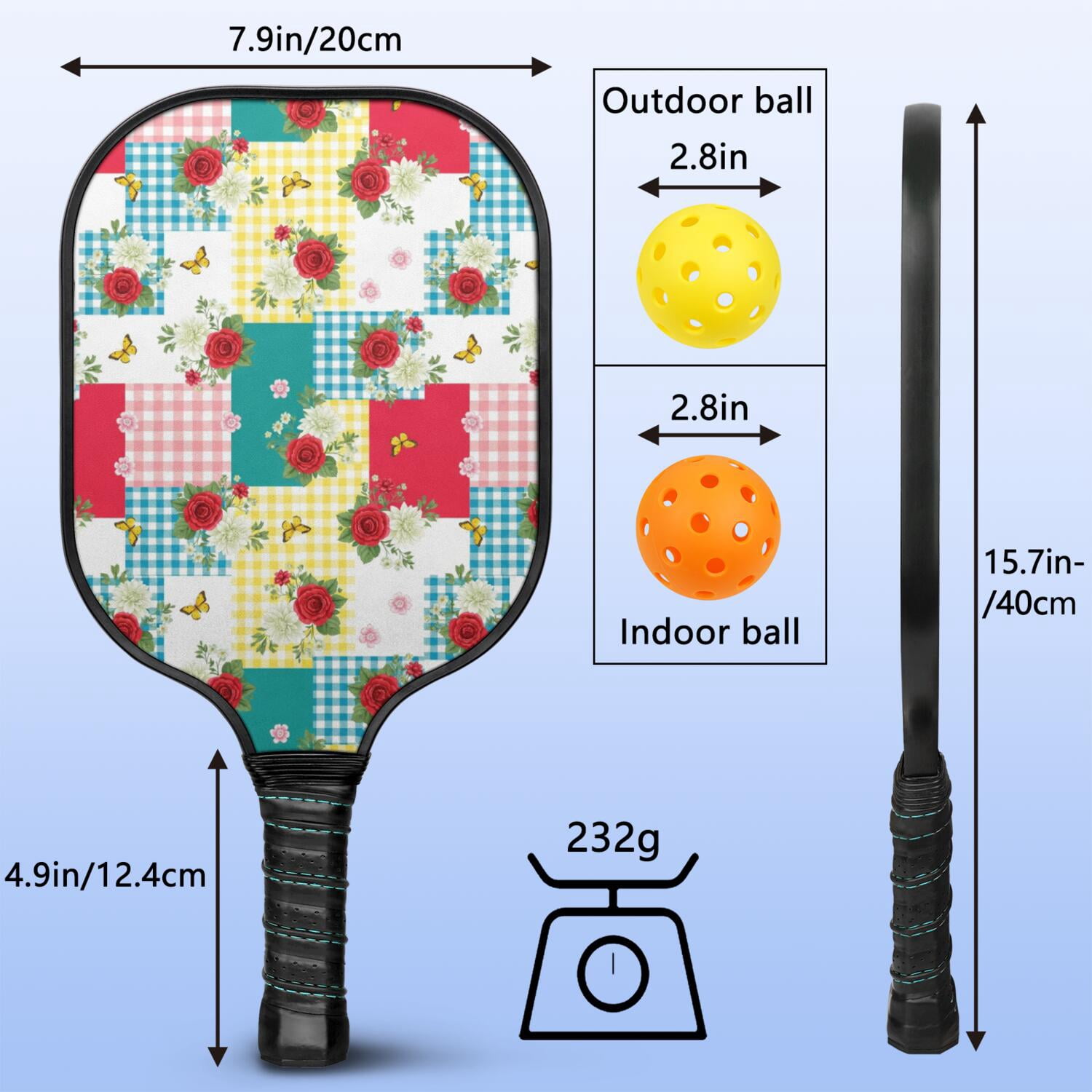 Pickleball Paddles Set,Pioneer Flower Floral Print Pattern Fiberglass Surface Pickleball Racket Set with 2 Indoor Outdoor Pickleball Balls and Pickleball Bag,Pickle-ball Equipment