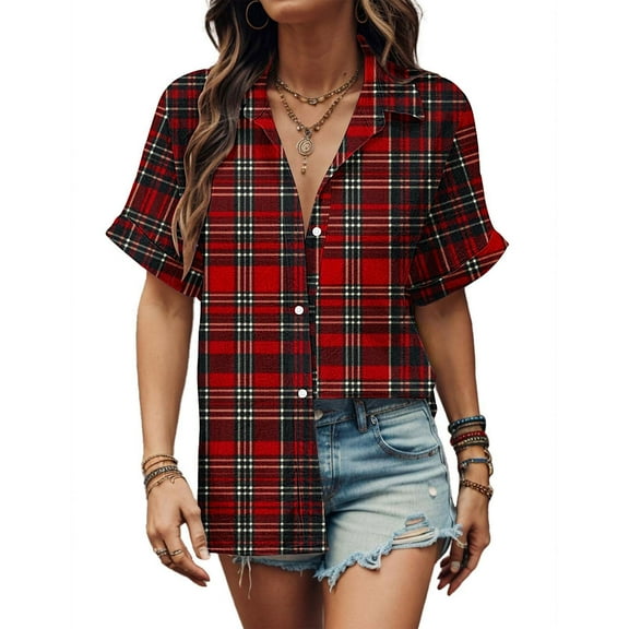 Sakmal Short Sleeve Tees Button up Plaid Crew Neck Shirts T-Shirts Summer Outfits for Women