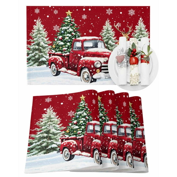 Christmas Red Truck Placemats Set of 8 Winter Car Deer Xmas Trees Snowflakes Heat Insulation Washable Place Mats, Rustic Non-Slip Table Mats for Dining Table Party Kitchen Decor,13x19 Inch