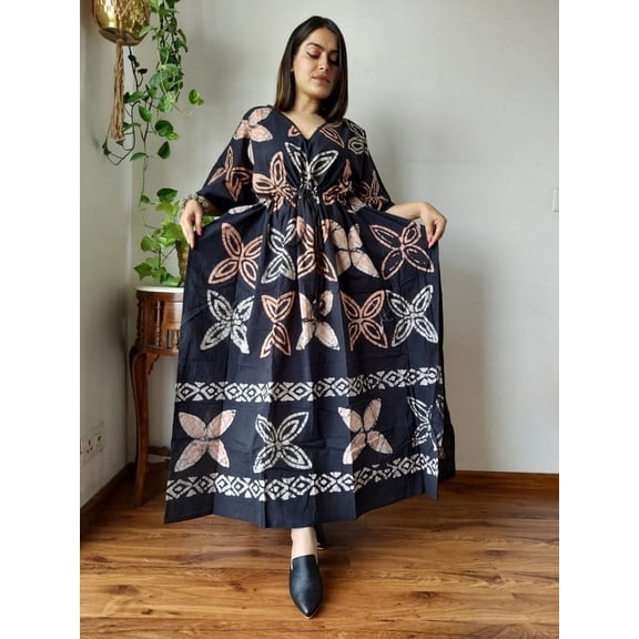 Designer Hand Block organic black Print Cotton women wear Kaftan online: beach wear, resort wear, loungewear, sleepwear, boho dress