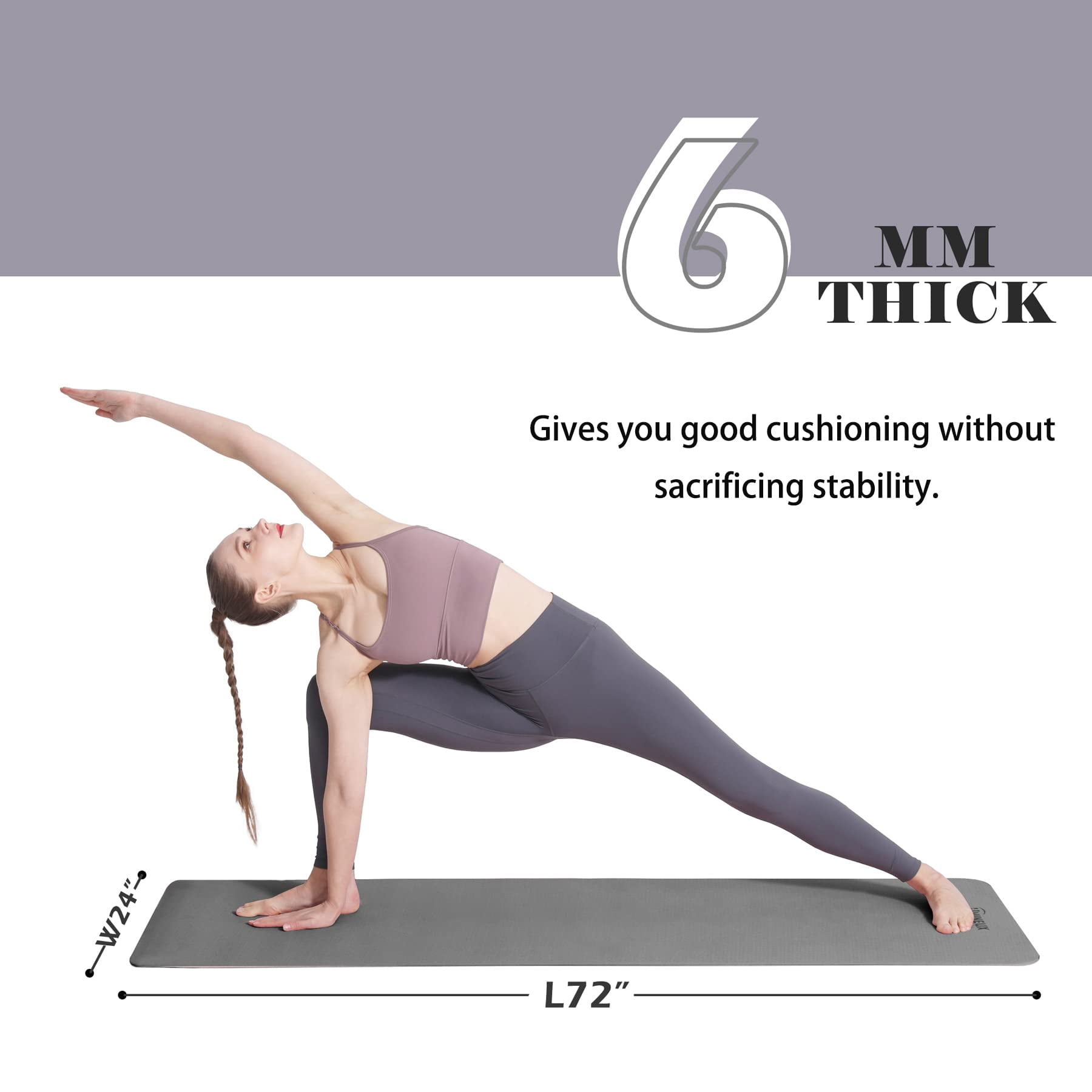 Yoga Mat 72"x24" Jet Black & Glacier Gray Non-Slip Exercise Mat for Home Workout
