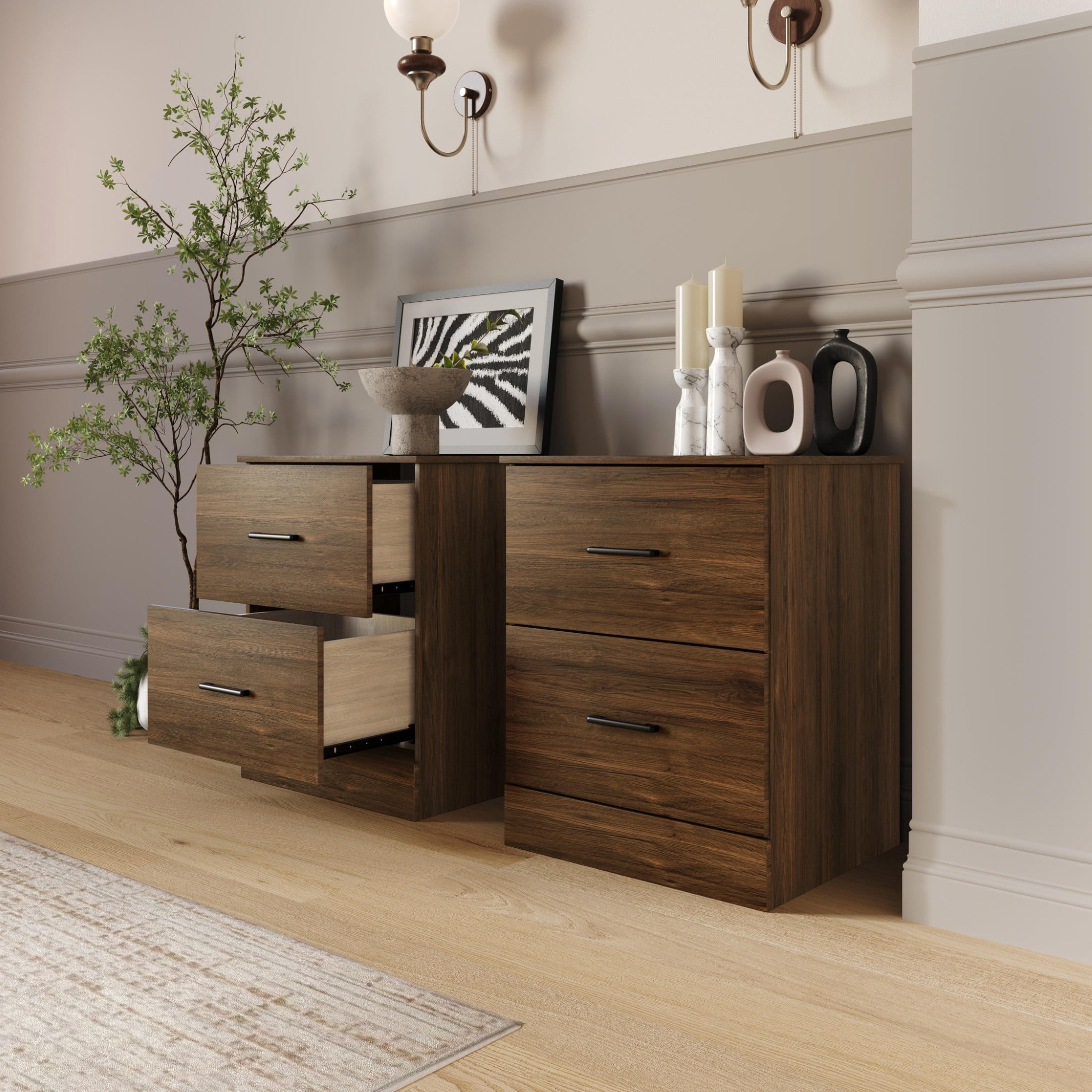 Home Design Meriden Nightstand with 2 Storage Drawers and Wood-Look Finish, Space-Saving Design, Brown (Set of 2)