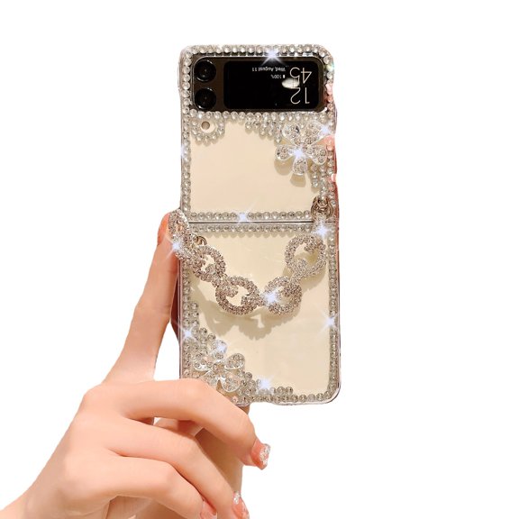 Bling Glitter Case Compatible with Samsung Galaxy Z Flip 4 with Bracelet Chain Sparkle Diamond Clear Girly Case