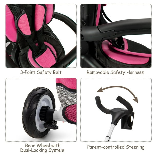 6 in 1 Detachable Kids Baby Stroller Tricycle with Canopy and Safety Harness Pink Costway