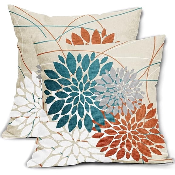 Teal Orange Pillow Covers 18x18 Dahlia Flower White Gray Elegant Colored Throw Pillows Farmhouse Outdoor Decor for Home Living Room Sofa Bed Modern Floral Linen Square Cushion Case, Set of 2