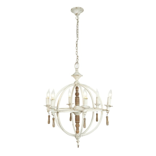 Decmode Large Round Vintage White Metal Chandelier With Wood Ornaments 24 X Com Metal Chandelier With Wood Ornaments, Large White Metal Chandelier Uk