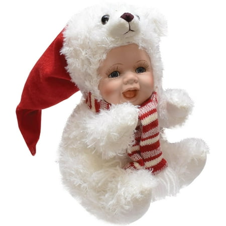 8.5 Porcelain Baby in Polar Bear Costume with Santa Hat Collectible Christmas Doll