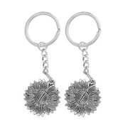 2pcs You Are My Sunshine Key Ring Bag Pendant Sunflower Shape Double Layers Key Chain for Home (Silver)