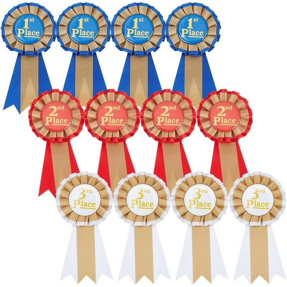 12Pcs 3 Colors Place Winner Ribbons Colorful Medals Ribbon Shape Iron Badge Pins for Graduated Ceremonies Classes Sport Event Competition Awards
