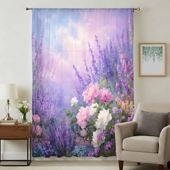 Purple Lavender Sheer Curtains 84 Inches Long, Spring Country Wildflowers Light Filering Curtains, Breathable Simi Curtain Privacy Drapes for Living Room Bedroom Lightweight Window Treatment