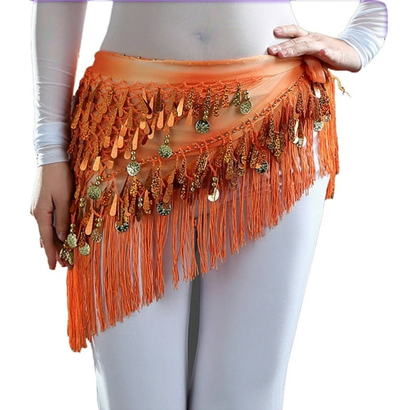 Belly Dance Hip Scarf with Tassels Sequins Triangle Coins Wrap Skirt Music Festival Clothing,Orange