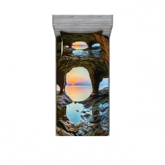 Natural Cave Bedding Set with Sheet & Covers, Horizon View from Fairy Mossy Invisible Big Grotto by the Sea up Rocks Photo, Printed Bedroom Decor 2 Shams, 4 Sizes, Green Blue, by Ambesonne