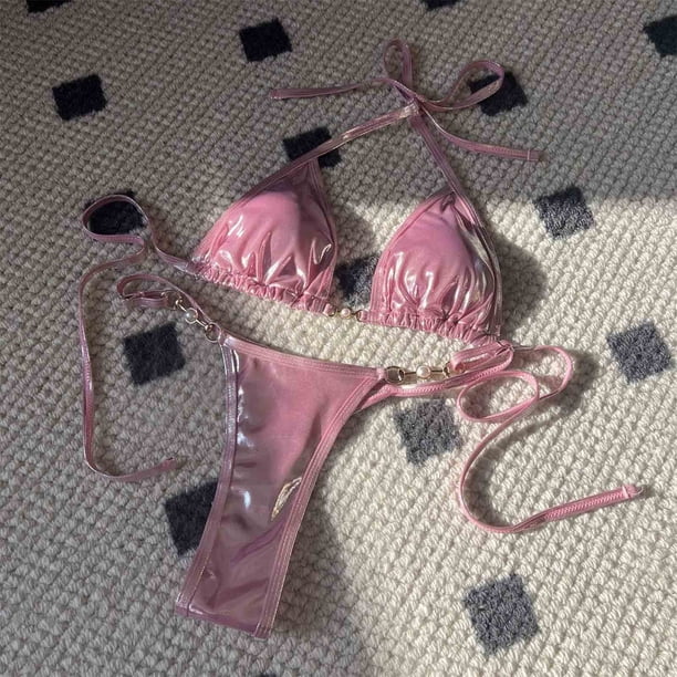 Trajes de baño Amzcrzy Tankini para mujer, trajes de baño, trajes de baño, bikini para mujer, color sólido, perla brillante, tanga, bikini con tirantes divididos, conjunto de traje de baño rosa, M